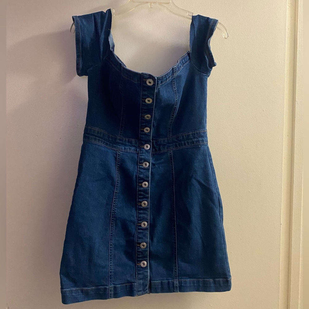 Girlish Brand Womens Juniors Dark Wash Blue Denim Mini Dress M Off The Shoulders